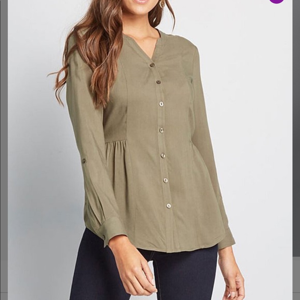 MODCLOTH Olive Trusty Travel button up tie waist long sleeve shirt NWOT Sz L